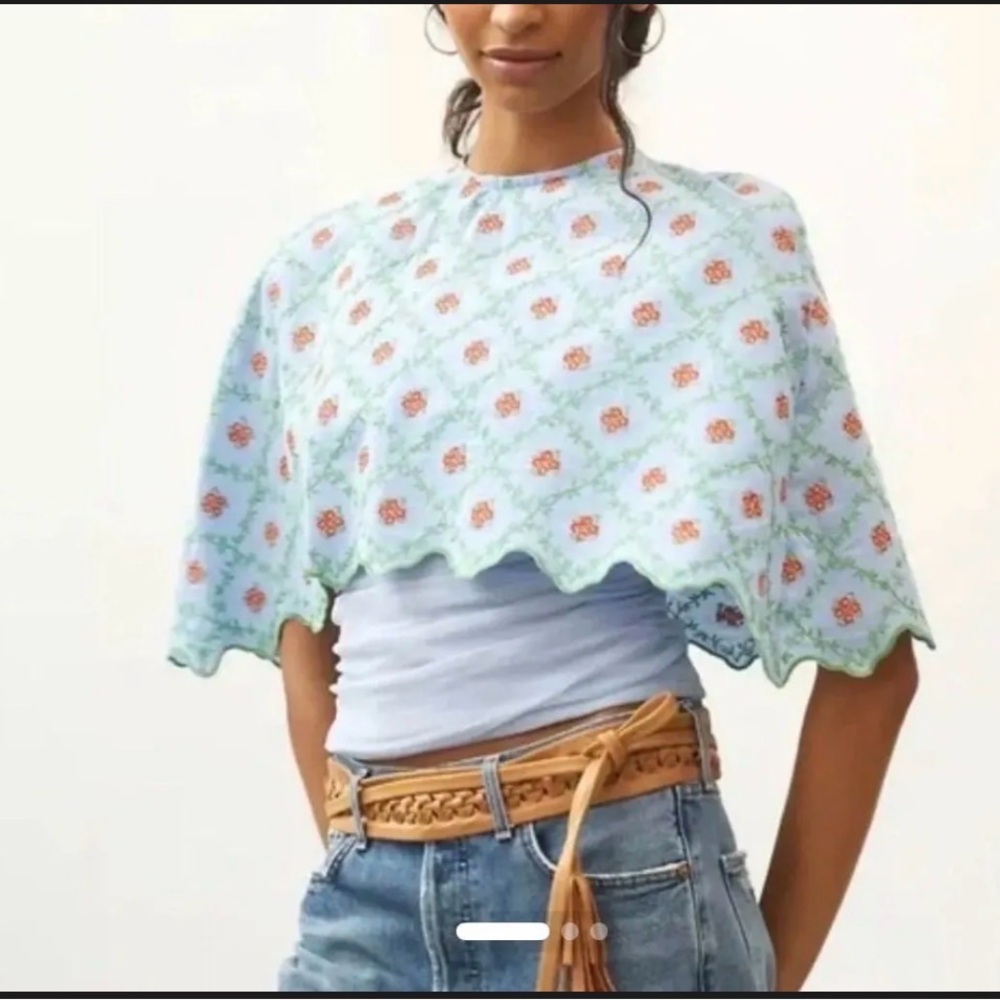 Anthroplogie/Faraway Light Blue Floral Scalloped Cropped Cape